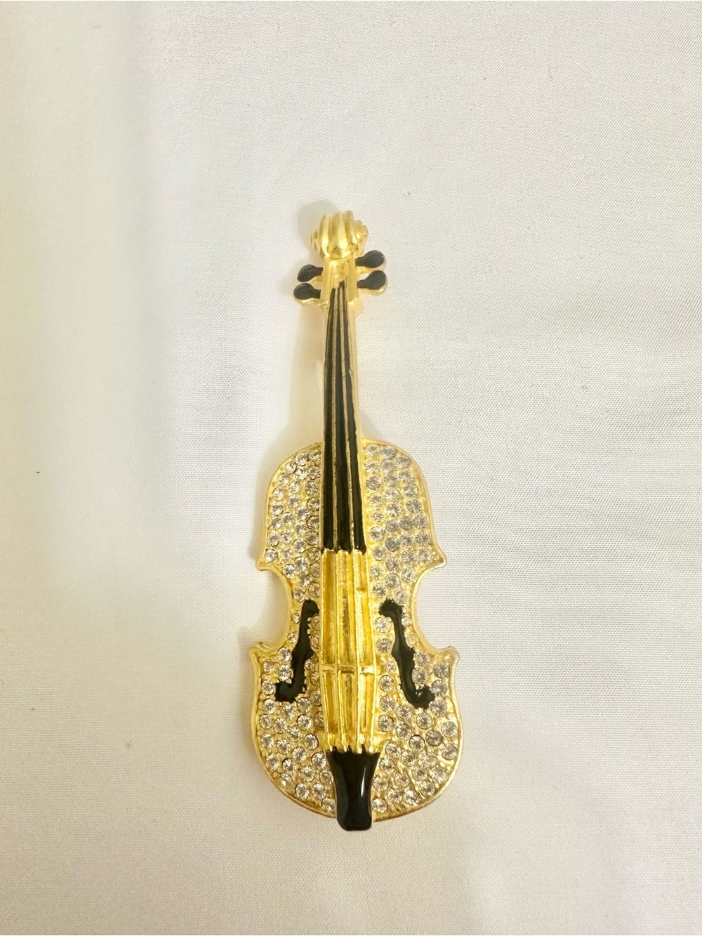 Elegant Vintage Gold Plated Crystal Violin Brooch w/Black Enamel Detailing